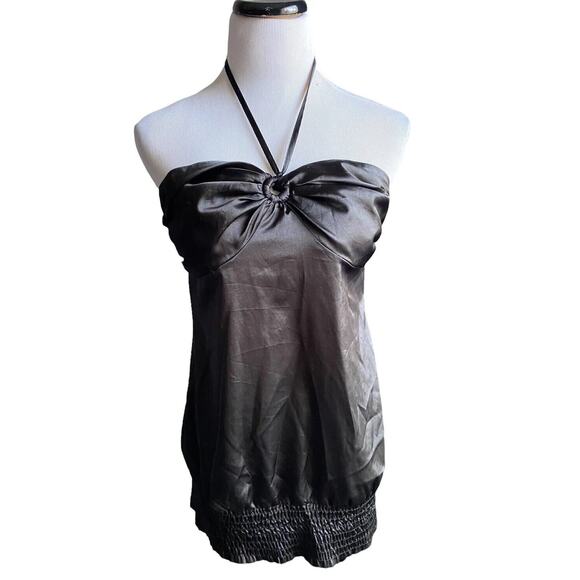 Guess Satin Halter Top Y2k Banded Hem Black Medium Women Blouse Keyhole Vtg - Picture 1 of 10